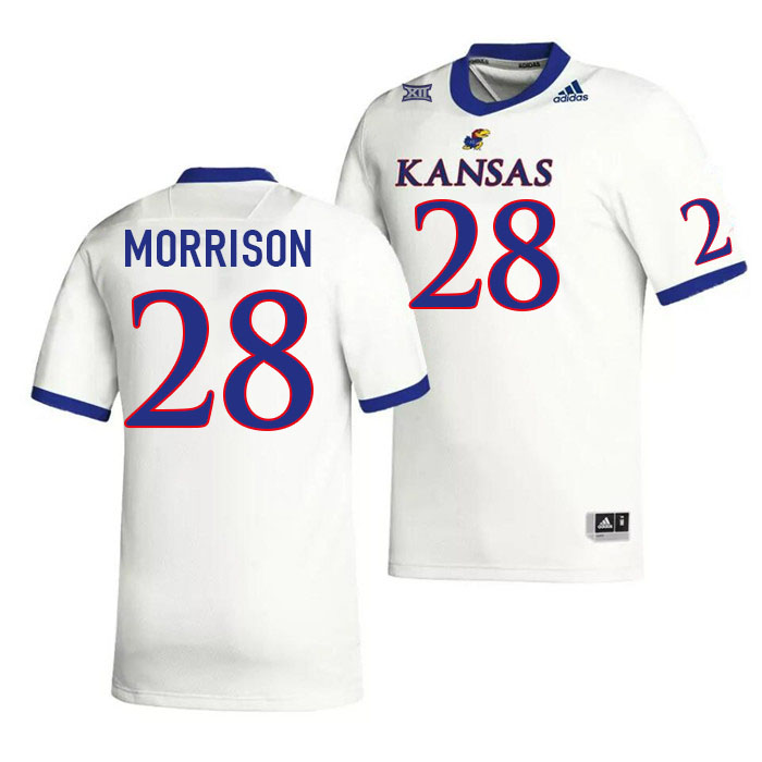 Men #28 Sevion Morrison Kansas Jayhawks College Football Jerseys Stitched Sale-White - Click Image to Close